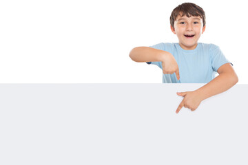 Child kid showing pointing on empty blank sign copyspace copy space marketing ad advert isolated on...