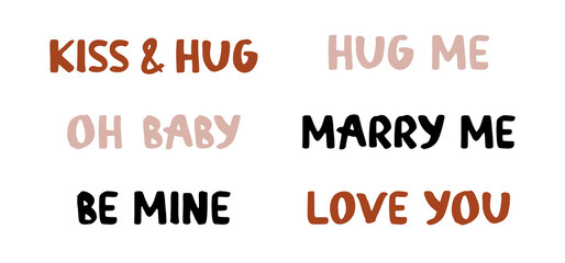 Fototapeta premium Valentines romantic quotes isolated on white background. Hand drawn lovely lettering: miss you, love you, hugs, call me, so sweet, marry me. Hand drawn message icons. Festive vector phrases
