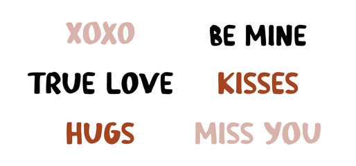 Valentines romantic quotes isolated on white background. Hand drawn lovely lettering: miss you, love you, hugs, call me, so sweet, marry me. Hand drawn message icons. Festive vector phrases