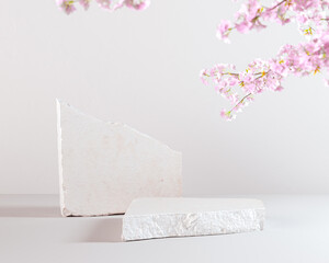 White stone slabs abstract cosmetic product presentation background with cherry blossom sakura branch, 3d rendering © Chili
