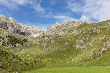 Fototapeta premium Scenic trail through the gorge in the natural park Puez Odle. Italian Dolomites Alps