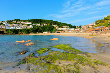 Looe beach Cornwall with green seaweed blue sea and sky