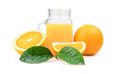Orange juice in a glass isolated on a white background. Slice of orange fruit and green leaves. Orange juice in a jar