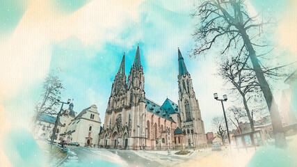 Obraz premium Gothic Church in Olomouc watercolor pattern colorful illustration
