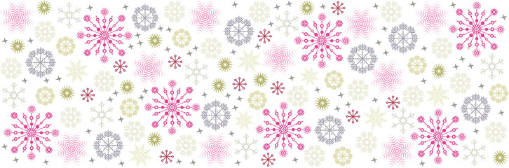 Illustration, viele verschiedene dekorative Schneeflocken in verschiedenen bunten Trendfarben, pink grün, Farben. Banner