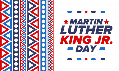 Martin Luther King, Jr. Day. Celebrated annual in United States in January, federal holiday. African American Rights Fighter. Patriotic american elements. Poster, card, banner, background. Vector
