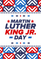 Martin Luther King, Jr. Day. Celebrated annual in United States in January, federal holiday. African American Rights Fighter. Patriotic american elements. Poster, card, banner, background. Vector