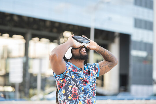 Black man in VR headset