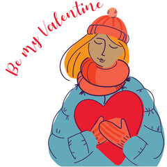 a romantic girl in a down jacket and a hat with a heart in her hands