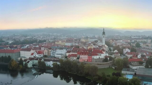 Pisek, Czechia. Aerial view of Old Town on foggy morning
