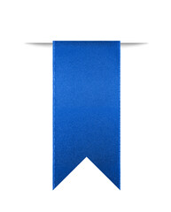 Shiny blue ribbon bookmark for use as a page reminder. Photographed isolated on a white background....