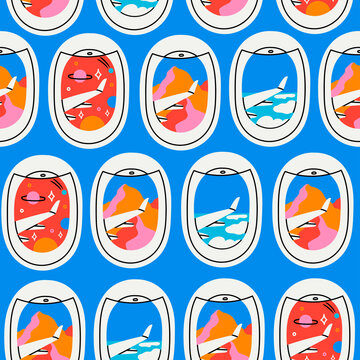 View through the portholes of aircraft. Various skyscapes through portholes. Mountain, space, planets, clouds and wings. Hand drawn Vector seamless Pattern. Background, wallpaper