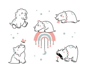 Baby- triceratops sleeps, plays, eats, caughts the butterflyes and smiles. Nursery clipart. © nastya
