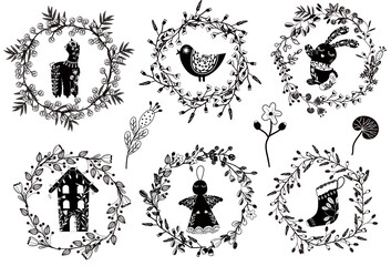 Obraz premium Black and white Christmas wreath of flowers and leaves. Botanical wildflowers wreath with lamas, bird, rabbit, Angel, Houses. Cozy Christmas card in Scandinavian style. Winter decoration. Vector icon.