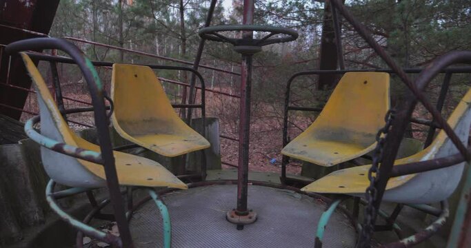 Close-up of a Ferris wheel booth in an abandoned amusement park in the ghost town of Pripyat near Chernobyl