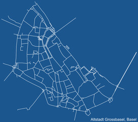 Detailed technical drawing navigation urban street roads map on blue background of the quarter Altstadt Grossbasel District of the Swiss regional capital city of Basel, Switzerland