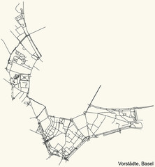 Detailed navigation urban street roads map on vintage beige background of the quarter Vorstädte District of the Swiss regional capital city of Basel, Switzerland