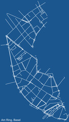 Detailed technical drawing navigation urban street roads map on blue background of the quarter Am Ring District of the Swiss regional capital city of Basel, Switzerland