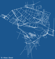 Detailed technical drawing navigation urban street roads map on blue background of the quarter St. Alban District of the Swiss regional capital city of Basel, Switzerland