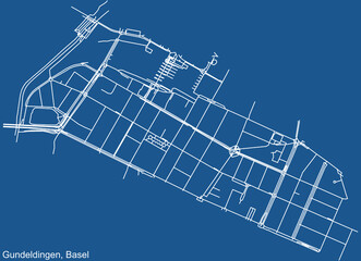 Detailed technical drawing navigation urban street roads map on blue background of the quarter Gundeldingen District of the Swiss regional capital city of Basel, Switzerland