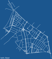 Detailed technical drawing navigation urban street roads map on blue background of the quarter Iselin District of the Swiss regional capital city of Basel, Switzerland