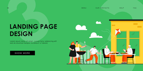 Happy family cooking BBQ at backyard flat vector illustration. Cartoon grandparents, parents and kids relaxing outdoors near house. Barbecue at garden, picnic time and leisure concept