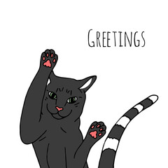 Illustration of a funny cat and text Greetings.