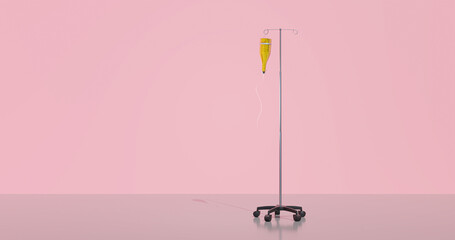 3d illustration, 3d rendering. Bottle of champagne hanging in drip stand.