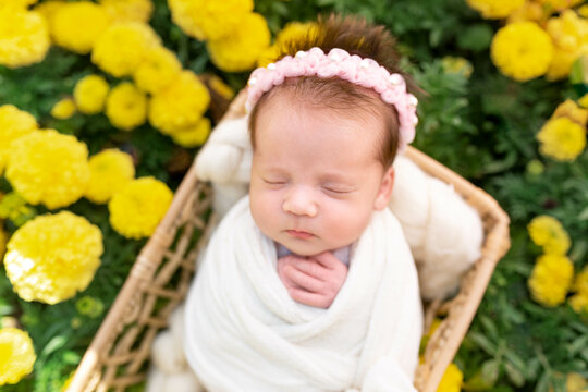 portrait of a child in yellow colors. first photo session of a newborn