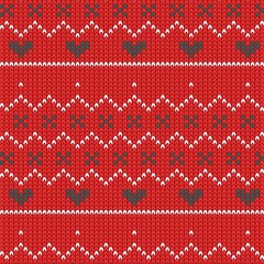 Christmas knitted geometric ornament. Seamless knitted pattern in red and green colors. Norway sweater design. Knitted textured background. Illustration for textile print, logo, design. Vector EPS 10.