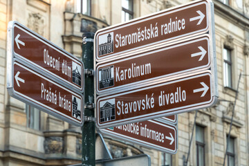 Directional arrow signs of some Prague's landmarks and monuments