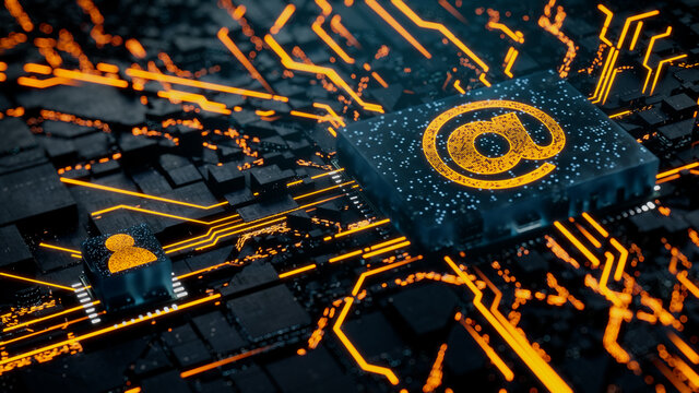 Email Technology Concept with @ symbol on a Microchip. Orange Neon Data flows between the CPU and the User across a Futuristic Motherboard. 3D render.