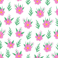 Pink flowers with leaves, floral seamless pattern. Vector Illustration for printing, backgrounds, covers, packaging, greeting cards, posters, textile, seasonal design. Isolated on white background.