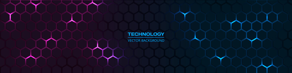 Colorful hexagon technology wide abstract background with pink and blue colored hexagon. Pink and blue honeycomb black wide banner. Vector illustration.