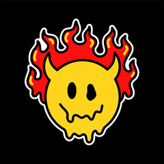 Smile melt face with devil horns burn in fire t-shirt print design. Vector hand drawn trendy cartoon character illustration. Smile melt face,demon,hell,techno print for t-shirt, poster concept