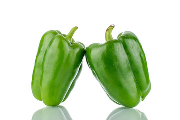 Plakat Two sweet green peppers, close-up, isolated on white.
