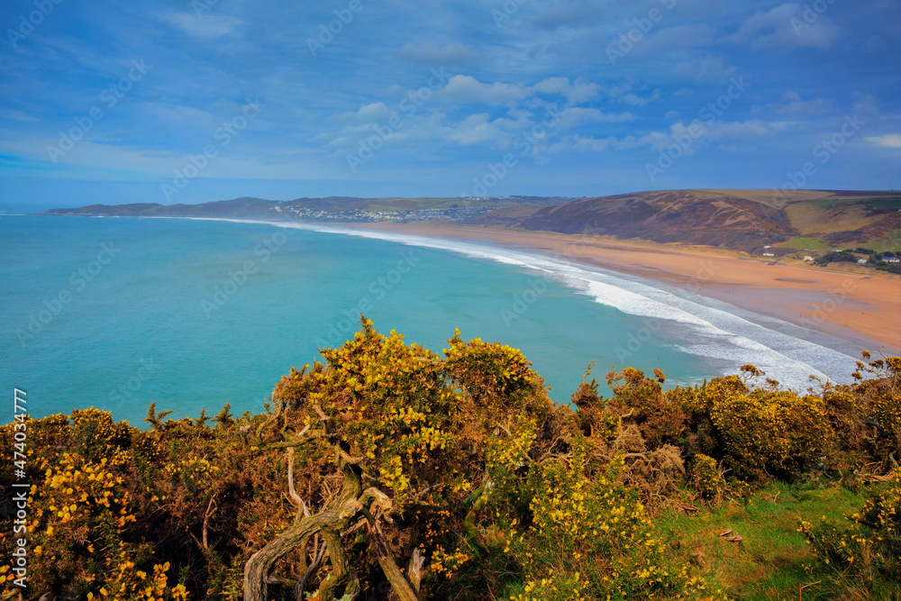 Poster woolacombe devon bay sandy beach and coast england uk