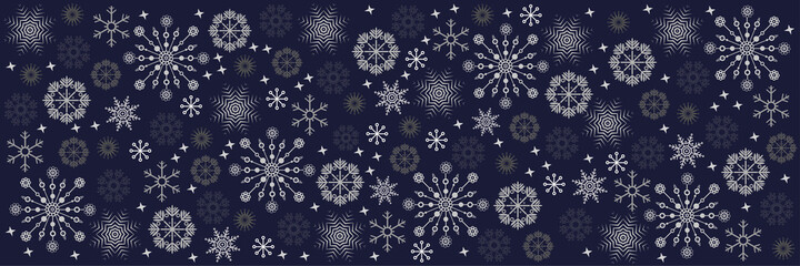 Illustration, viele feine festliche Schneeflocken in verschiedenen bunten Trendfarben auf dunkel blau Hintergrund. Banner	