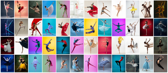 Fototapety  Art collage made of portraits of female and male ballet dancers in stage costumes dancing isolated on multicolored background in neon light.