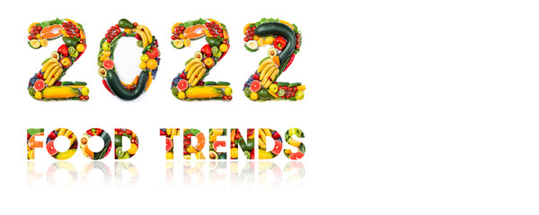 Food trends of New year 2022. New Year 2022 made of vegetables, fruits and fish on white background. Number 2022 of healthy food. 2022 resolutions,  balanced food, sustainable, healthy food concept