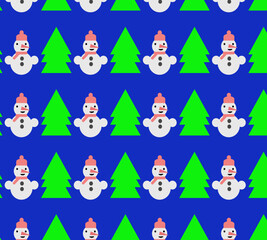 Pattern with a snowman and a Christmas tree on a blue background.