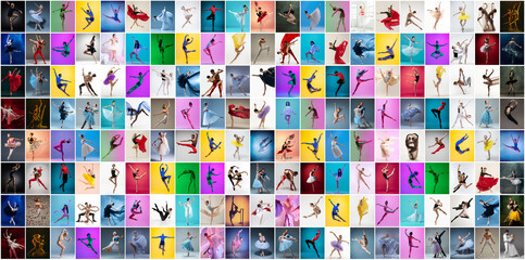 Obraz na płótnie Canvas Art collage made of portraits of female and male ballet dancers in stage costumes dancing isolated on multicolored background in neon light.
