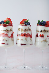 Strawberry milk yogurt desert in glasses