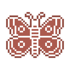 Fototapeta premium Pixel art gingerbread cookie butterfly decorated with white sugar icing, 8 bit food icon isolated on white background. Sweet spicy frosted biscuit. Christmas dessert ornament. Winter holiday pastry.