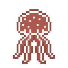 Obraz premium Pixel art gingerbread cookie jellyfish decorated with white sugar icing, 8 bit food icon isolated on white background. Sweet spicy frosted biscuit. Christmas dessert ornament. Winter holiday pastry.