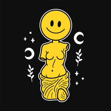 Ancient Greek Venus Statue With Smile Face T-shirt Print. Vector Hand Drawn Doodle Line Cartoon Character Illustration. Venera, Venus Greek, Smile Greece Statue Print For T-shirt, Poster, Card Concept