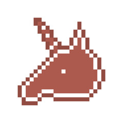 Obraz premium Pixel art gingerbread cookie unicorn head decorated with white sugar icing, 8 bit food icon isolated on white background. Frosted biscuit. Edible ornament. Cute Christmas dessert.Winter holiday pastry