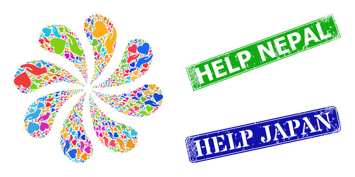 Heart donation icon colored rotation abstract petals fireworks composition, and grunge Help Nepal stamp seal. Blue Help Japan and green Help Nepal rectangle grunge seal stamps.