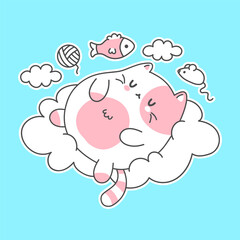 Cute funny cat sleep on cloud character.Vector hand drawn doodle cartoon kawaii character illustration logo. Cute happy cats sleep,cozy dream,lazy cartoon character concept