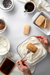 Tiramisu cake step by step recipe. Ingredients for cooking tiramisu dessert, grey background, vertical image.
